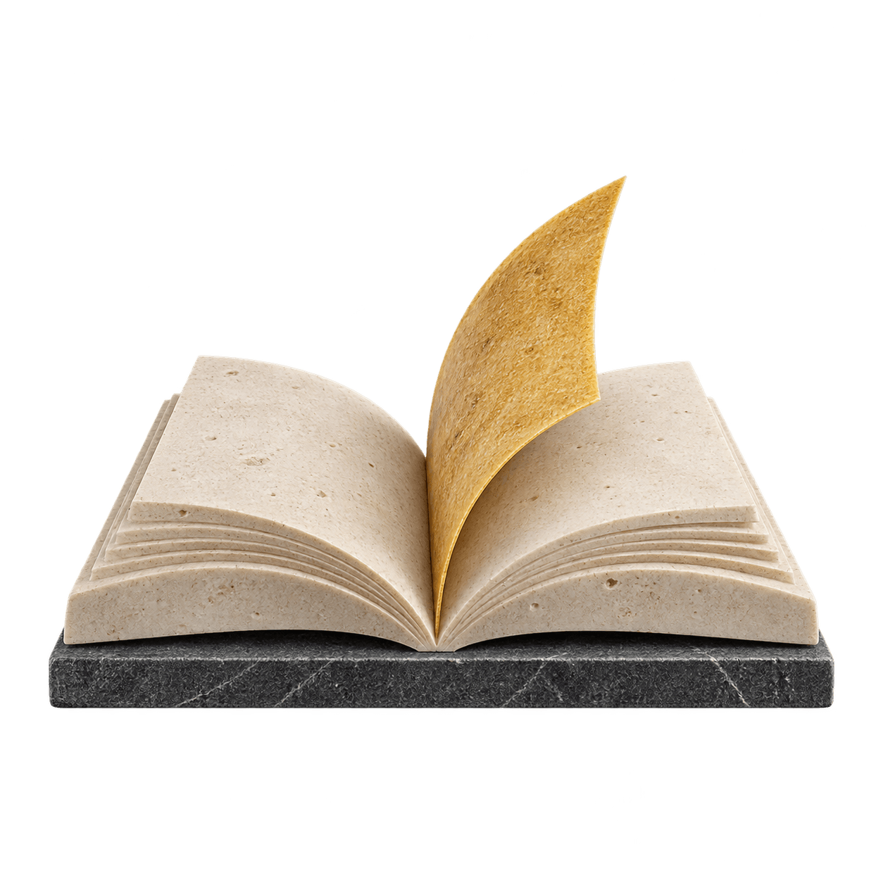An open limestone book with a golden page, representing perspectives grounded in industry experience.