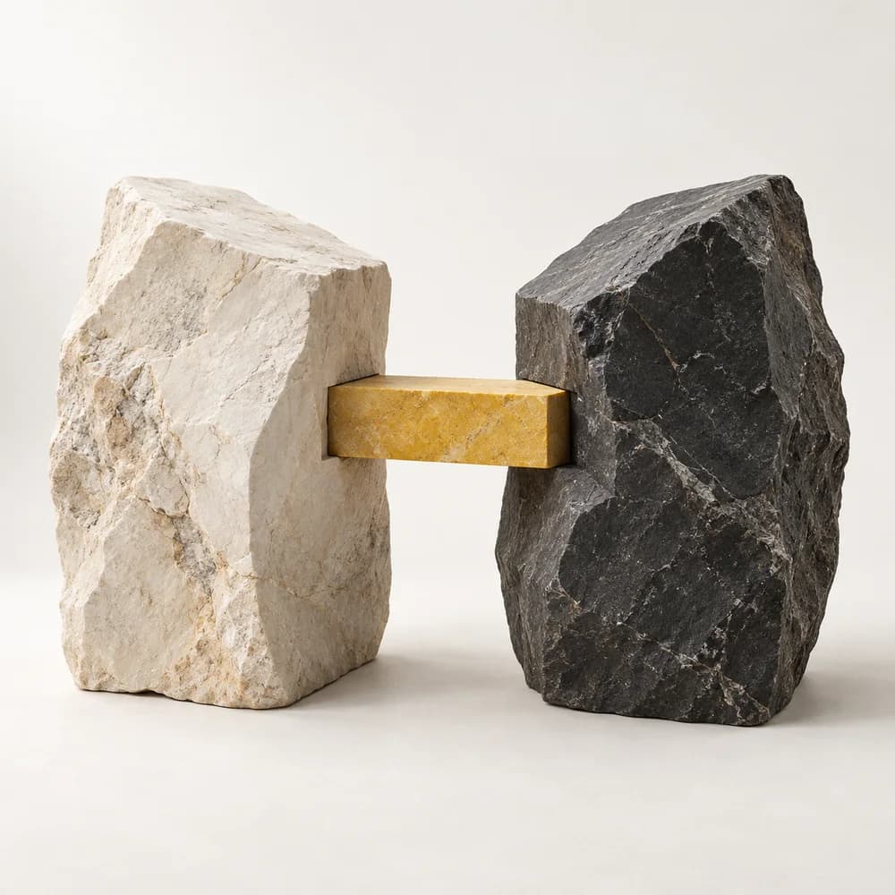 A yellow stone bridge connects pale limestone and dark basalt forms.